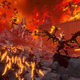 A winged daemon waves on its horde as volcanoes erupt in the background.